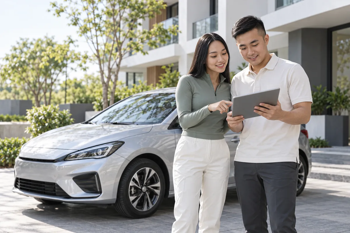 Ảnh minh họa AI: một người phụ nữ và một người đàn ông đứng cạnh một chiếc ô tô màu bạc đang đỗ, cùng xem máy tính bảng và mỉm cười