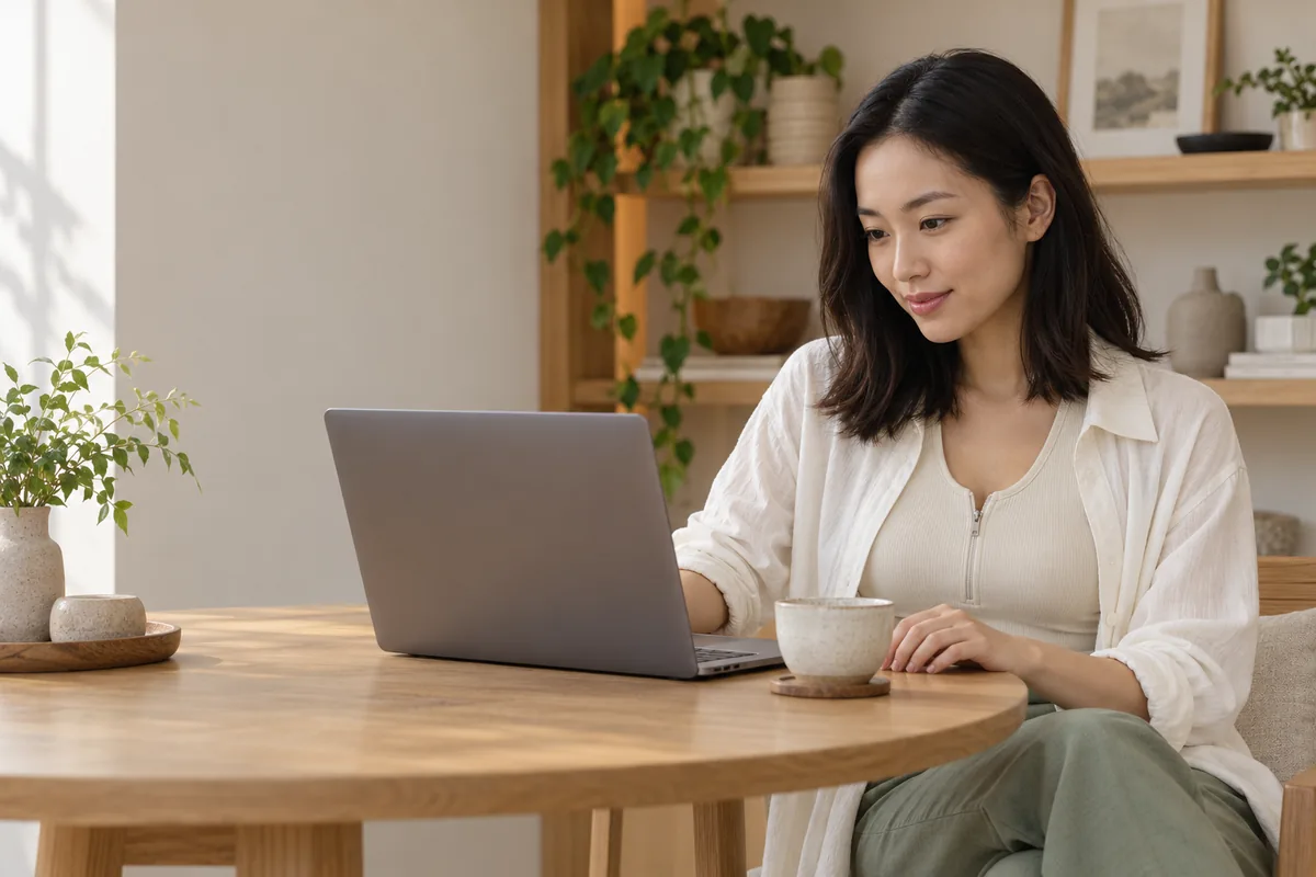 Ảnh minh họa AI: một người phụ nữ ngồi bên bàn gỗ tròn, nhìn màn hình laptop và mỉm cười, cạnh một chén trà
