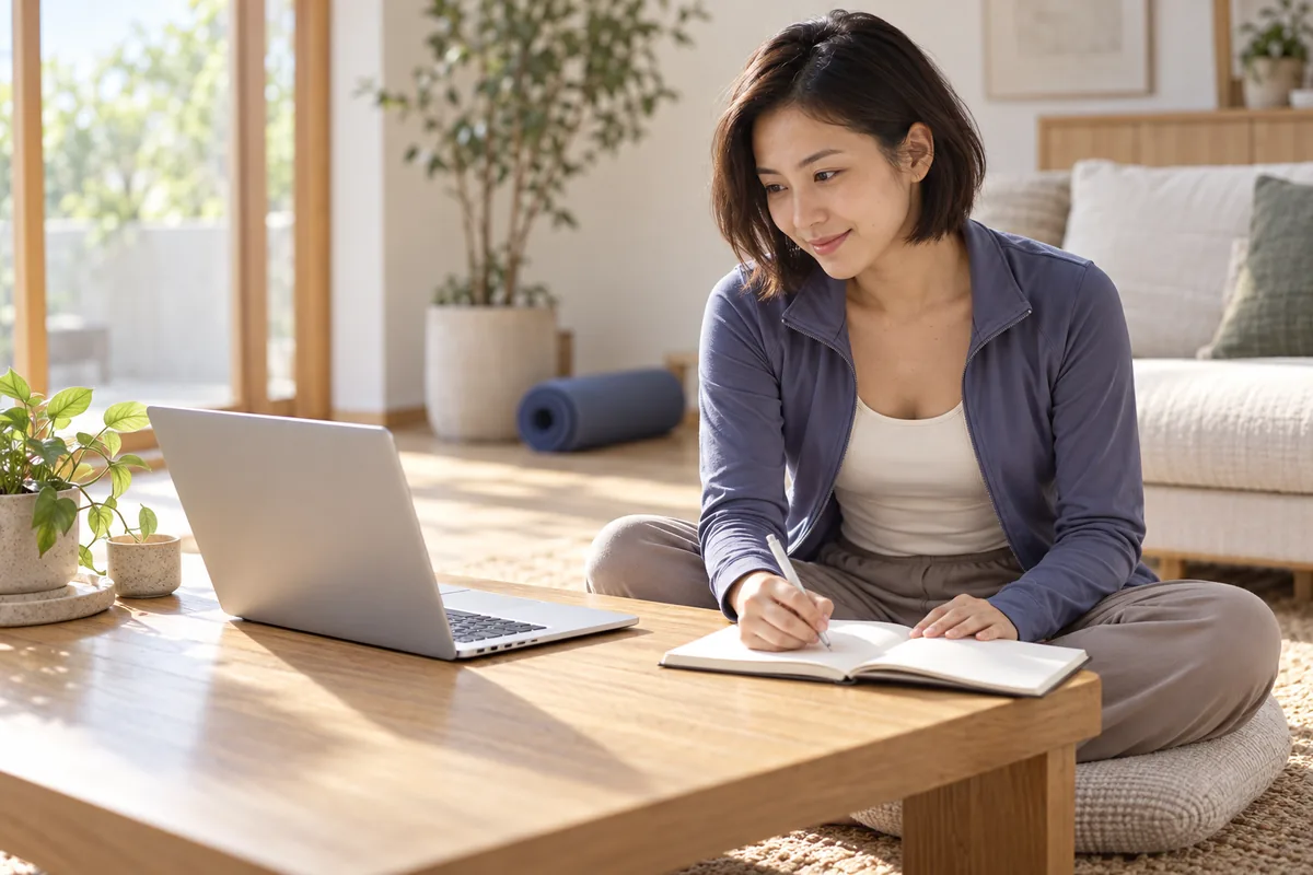 Ảnh minh họa AI: một người phụ nữ ngồi trên đệm cạnh bàn gỗ thấp, vừa ghi vào cuốn sổ vừa nhìn laptop