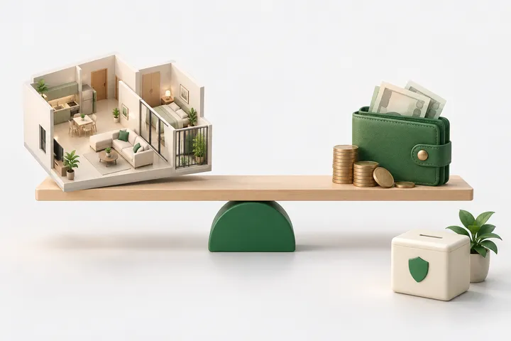 Hình minh họa 3D: một căn hộ thu nhỏ và một chiếc ví xanh cùng tiền xu đặt ở hai đầu tấm ván thăng bằng. Một hộp tiết kiệm có hình chiếc khiên đặt riêng dưới đất, bên ngoài tấm ván.
