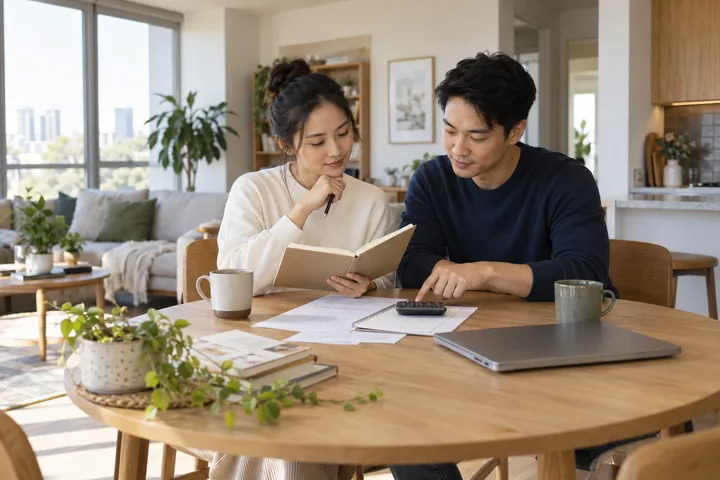 Ảnh minh họa AI: một người phụ nữ cầm cuốn sổ và một người đàn ông bấm máy tính cầm tay bên bàn gỗ tròn có giấy tờ và laptop
