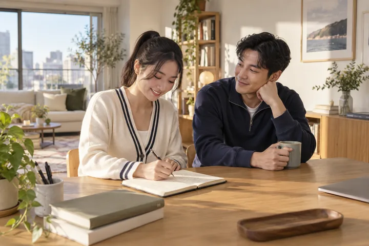 Ảnh minh họa AI: một người phụ nữ mỉm cười ghi vào cuốn sổ, người đàn ông ngồi cạnh cầm cốc nhìn sang, bên bàn gỗ trong phòng khách nhiều nắng