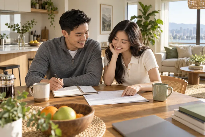 Ảnh minh họa AI: một người đàn ông cầm bút ghi vào sổ, một người phụ nữ chỉ vào tờ lịch trên bàn ăn sáng, cả hai mỉm cười