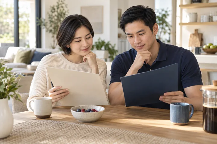 Ảnh minh họa AI: một người phụ nữ và một người đàn ông ngồi bên bàn gỗ, mỗi người cầm một tập hồ sơ màu khác nhau và cân nhắc