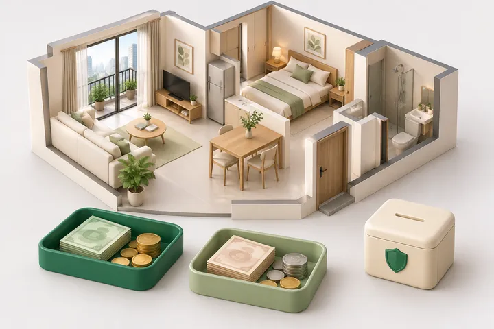 Hình minh họa 3D một căn hộ thu nhỏ. Phía trước có một khay xanh đậm và một khay xanh nhạt đựng tiền, bên cạnh là một hộp tiết kiệm đặt riêng.