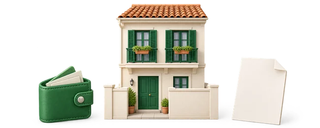 Hình minh họa 3D một ngôi nhà phố nhỏ mái ngói, một chiếc ví màu xanh và một tờ giấy trống.
